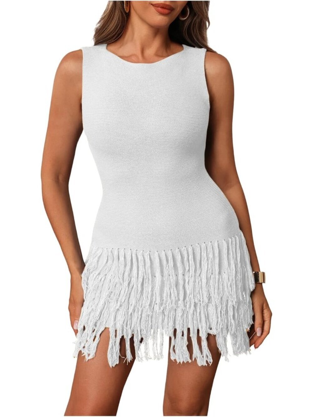 Women's White Sleeveless Mini Crew Neck Bodycon Knit Fringe Party Club Dress